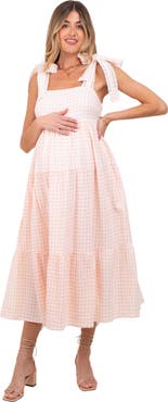 PinkBlush Gingham Lace Trim Shoulder Tie Maxi Dress