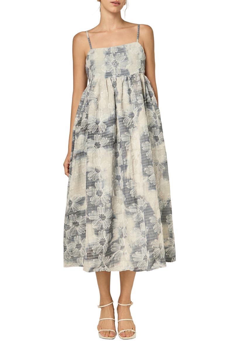English Factory Floral Embroidery Sleeveless Midi Dress, Main, color, Blue/ Off White