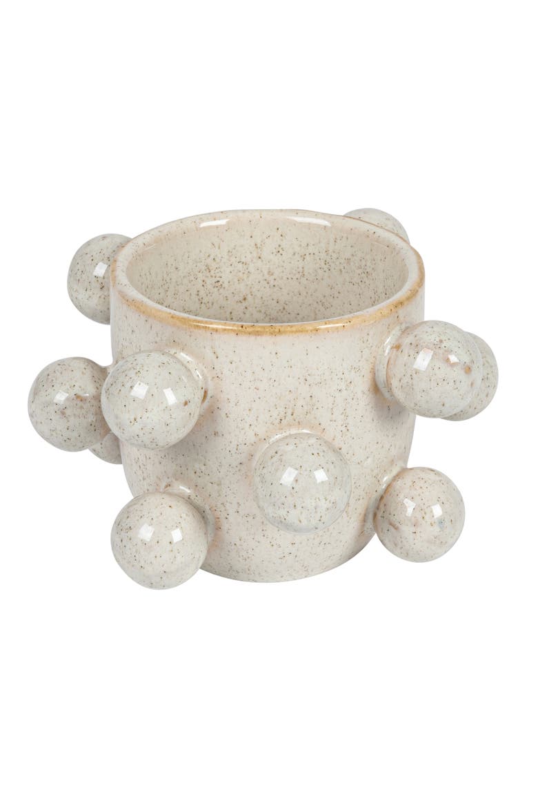 4.25 Inches Round Stoneware Planter with Orbs and Reactive Glaze, Holds 3 Inches Pot, Speckled Cream, Main, color, Cream