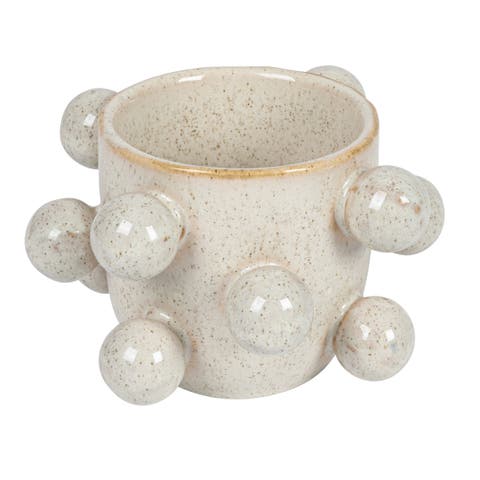 4.25 Inches Round Stoneware Planter with Orbs and Reactive Glaze, Holds 3 Inches Pot, Speckled Cream