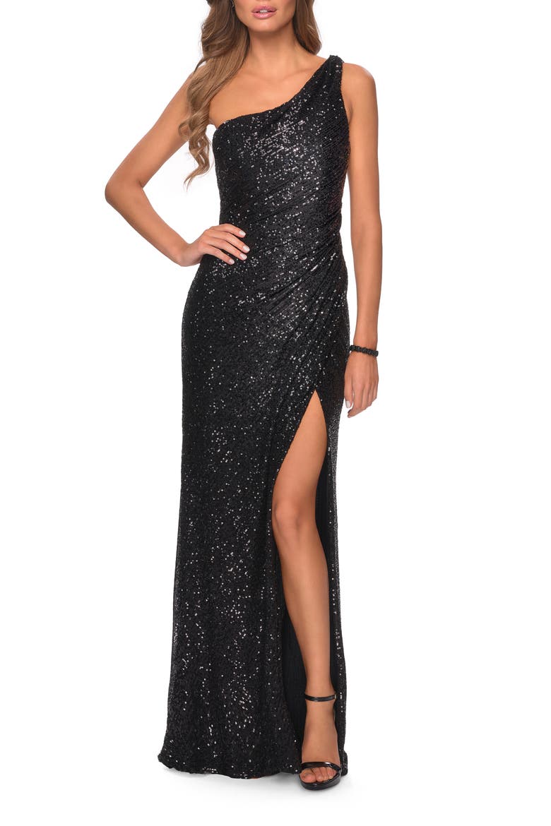 Long Sequin One Shoulder Ruched Prom Dress, Main, color, BLACK