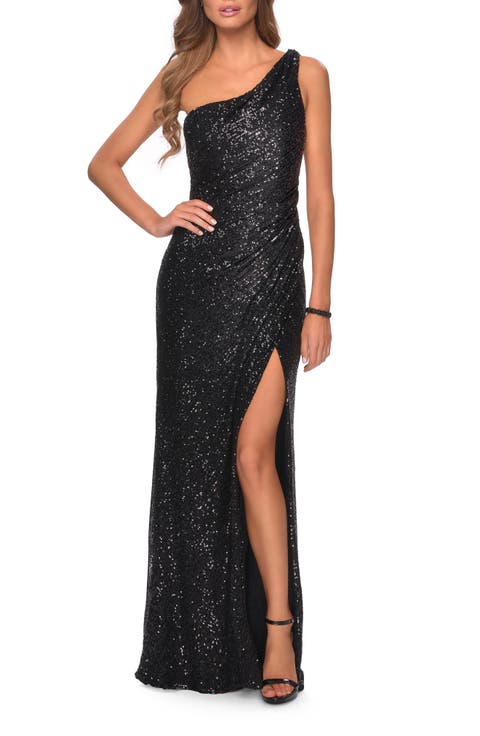 Long Sequin One Shoulder Ruched Prom Dress