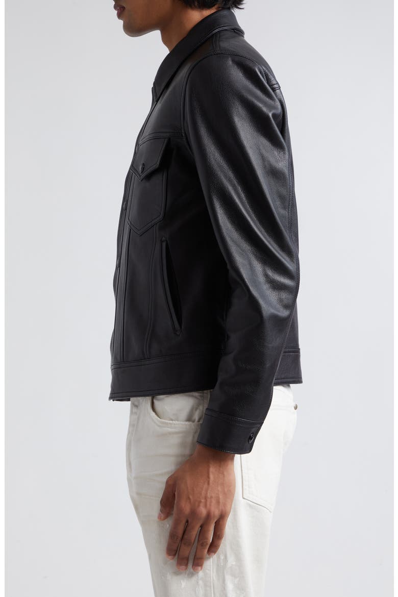 Grained Goatskin Leather Trucker Jacket, Alternate, color, BLACK