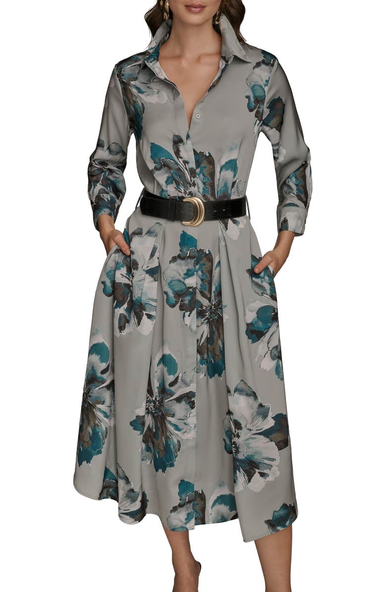 Donna Karan New York Floral Print Long Sleeve Belted Shirtdress, Alternate, color, Weatherd Sage