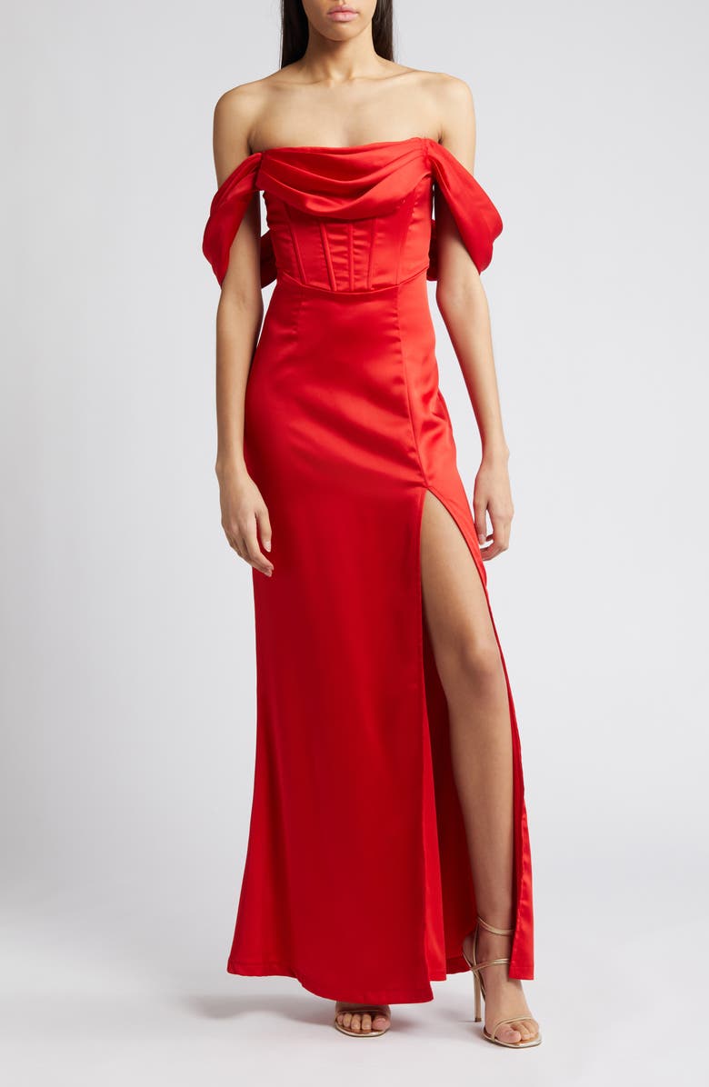 Lulus Exquisite Stunner Off the Shoulder Satin Gown, Main, color, 