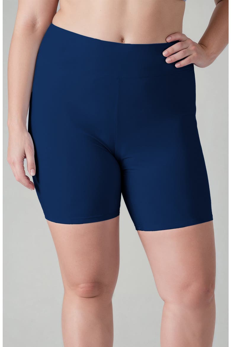 Plus Size Short Sleeve Adele Swim Top and Navy Mid-Thigh Swim Shorts Set, Alternate, color, Barbados Blue