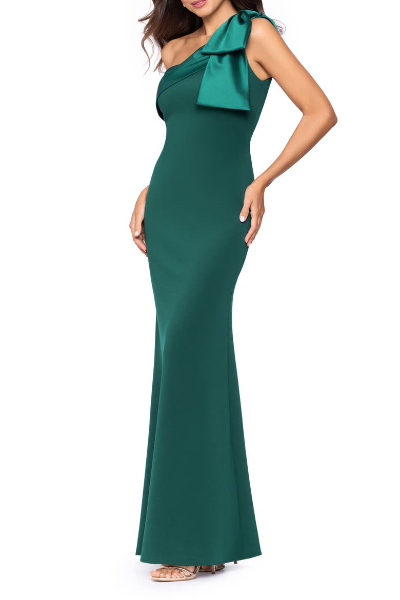 Satin Bow Detail One-Shoulder Scuba Crepe Sheath Gown, Main, color, HUNTER