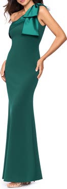 Betsy & Adam Satin Bow Detail One-Shoulder Scuba Crepe Sheath Gown