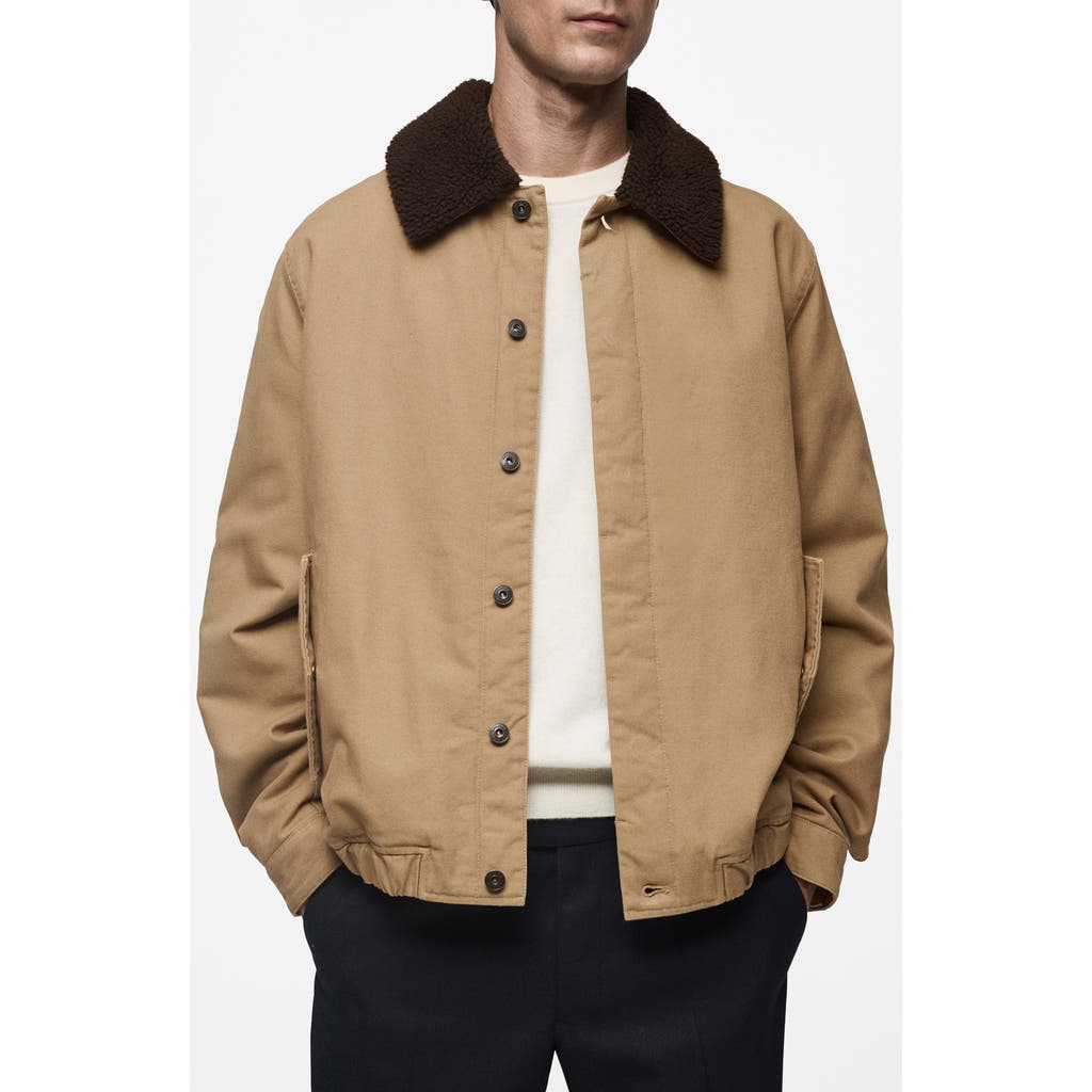 Mango Canvas Insulated Jacket With Faux Shearling Collar In Medium Brown