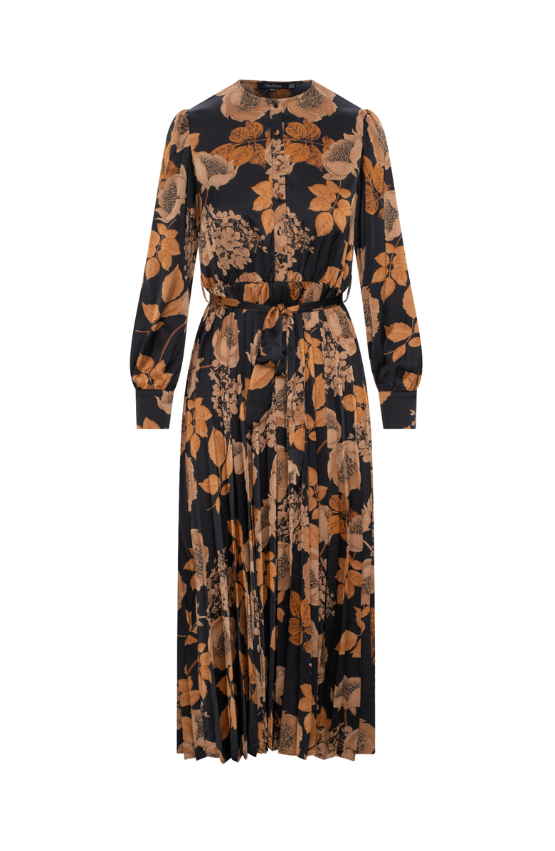 MiuMax Floral Satin Long Sleeve Waist Tie Pleated Dress, Main, color, Black Floral