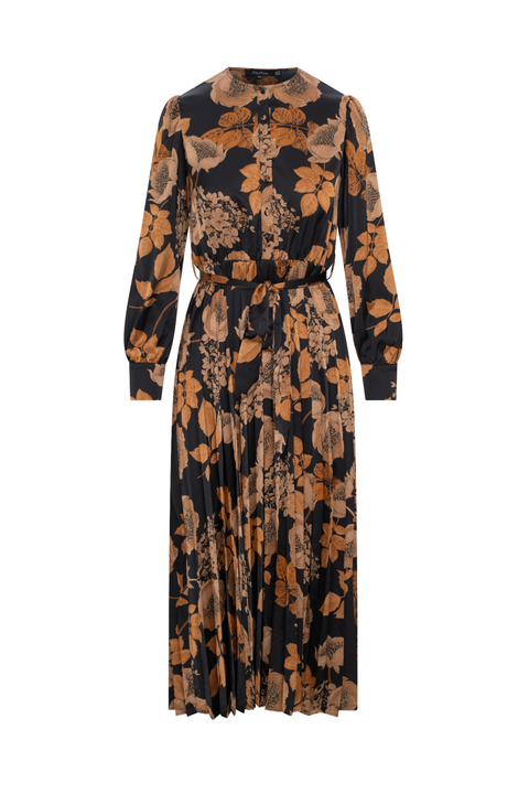 Floral Satin Long Sleeve Waist Tie Pleated Dress