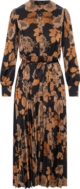 MiuMax Floral Satin Long Sleeve Waist Tie Pleated Dress