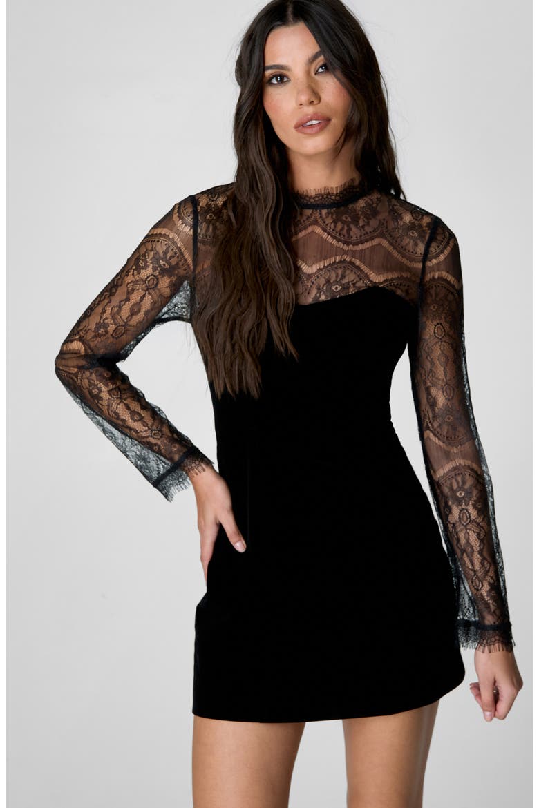 Long Sleeve Velvet & Lace Minidress, Alternate, color, BLACK