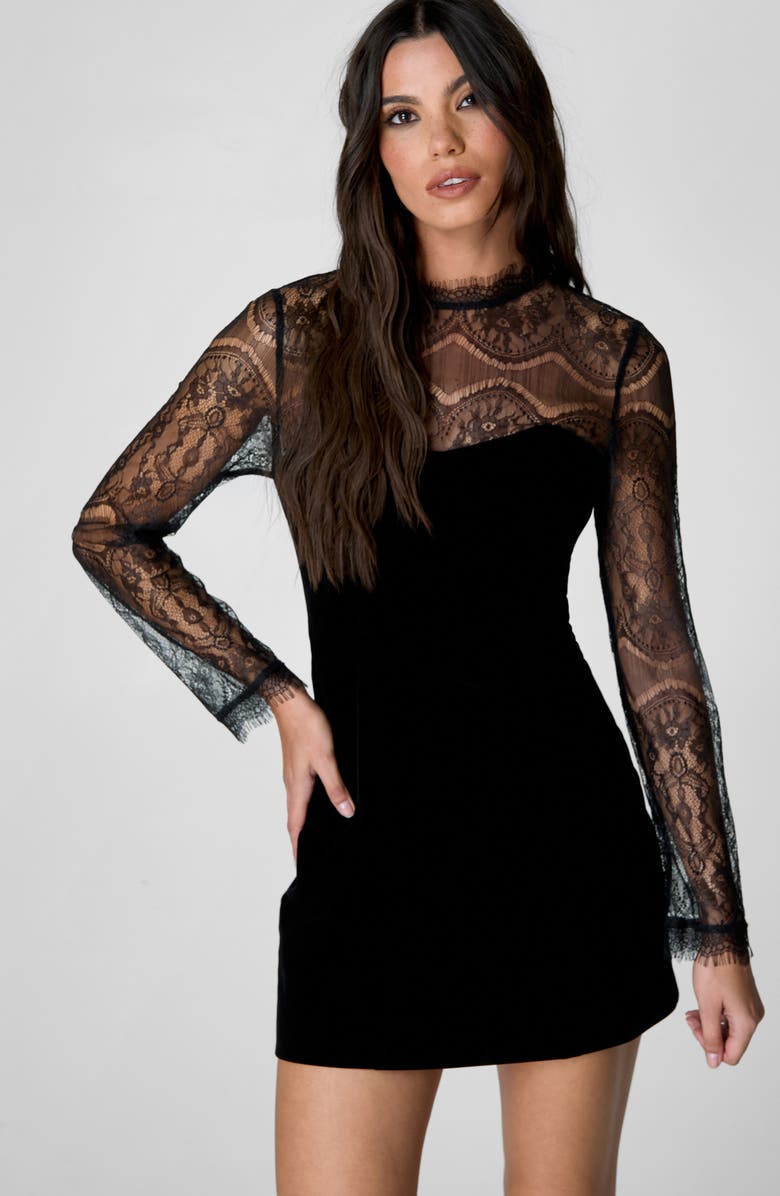 NASTY GAL Long Sleeve Velvet & Lace Minidress, Alternate, color, Black