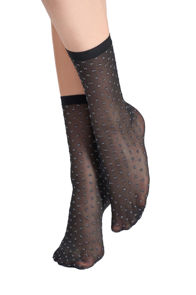 Shimmer Dot Crew Socks, Main, color, BLACK/SILVER