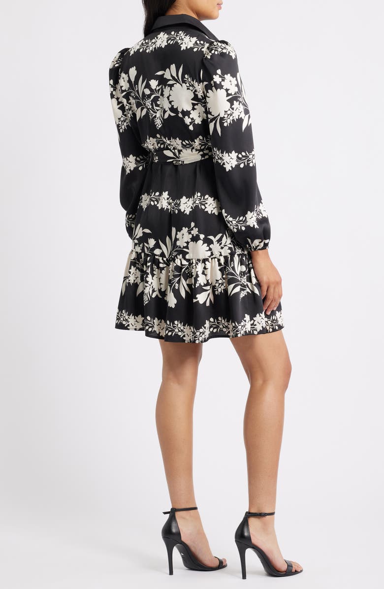 Anne Klein Floral Long Sleeve Tiered Shirtdress, Alternate, color, Anne Black/ Swan White