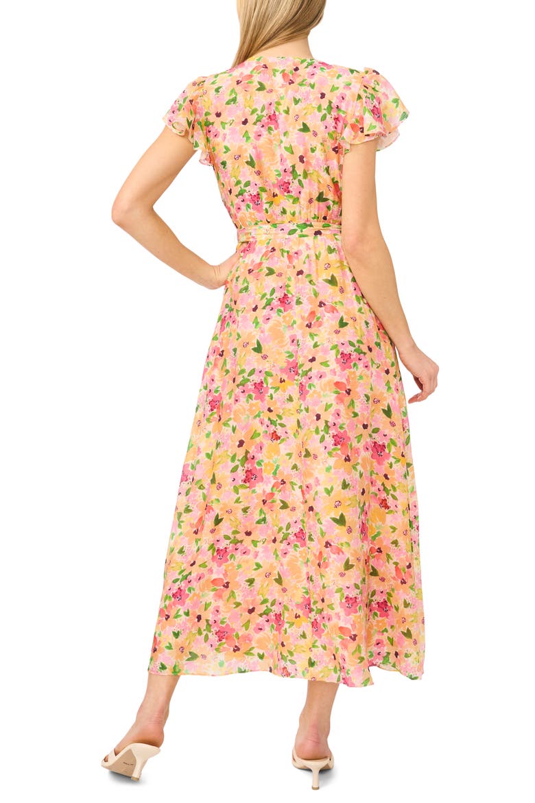 Floral Flutter Sleeve Tie Belt Maxi Dress, Alternate, color, CLARET RED