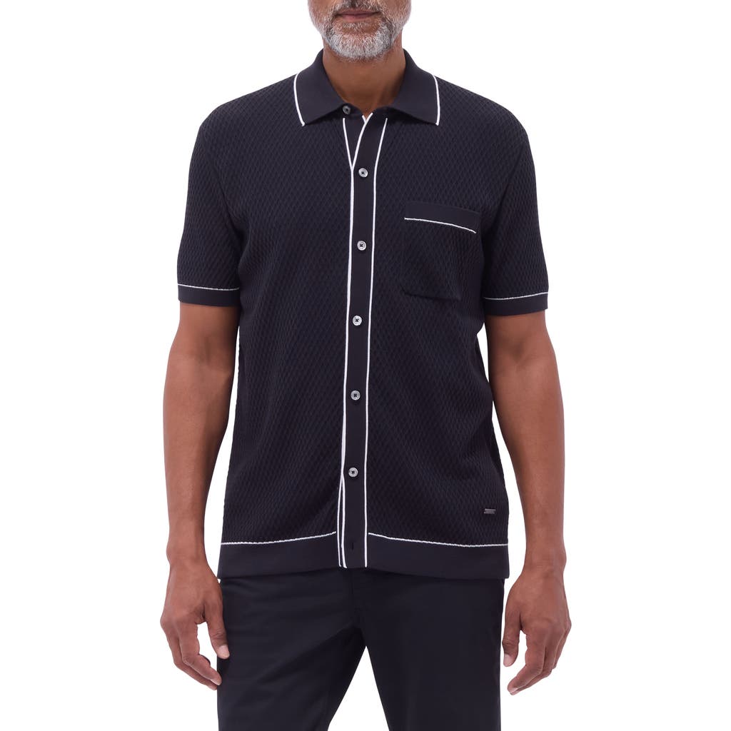 Bugatchi Tipped Short Sleeve Button-up Sweater In Black