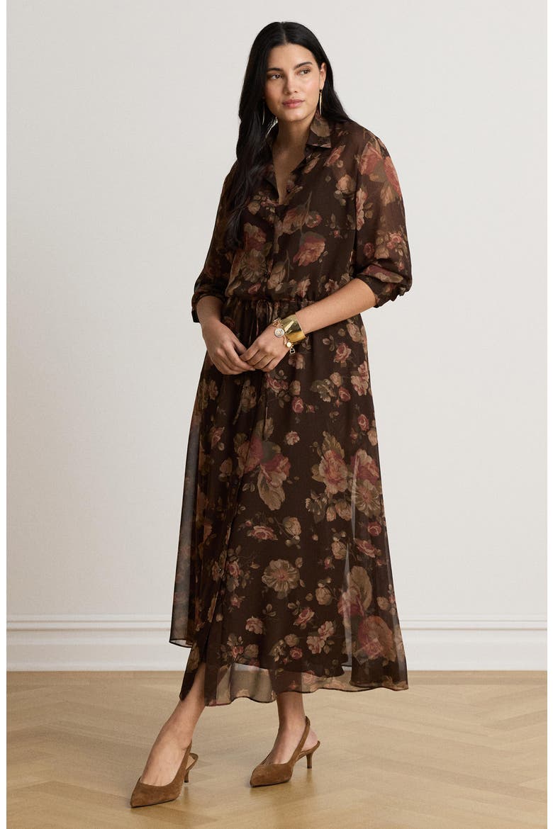 Floral Chiffon Long Sleeve Shirtdress, Alternate, color, BROWN