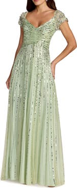 Mac Duggal Women's Beaded Cap Sleeve V-Neck A-Line Evening Gown