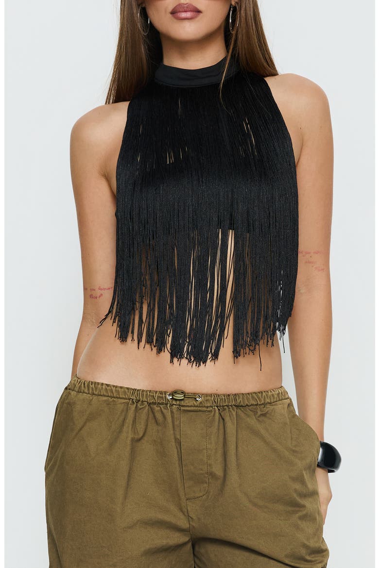 Zephyrine Fringe Halter Neck Bralette, Main, color, BLACK