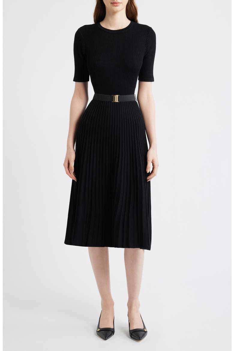 Belted Fit & Flare Sweater Dress, Main, color, BLACK