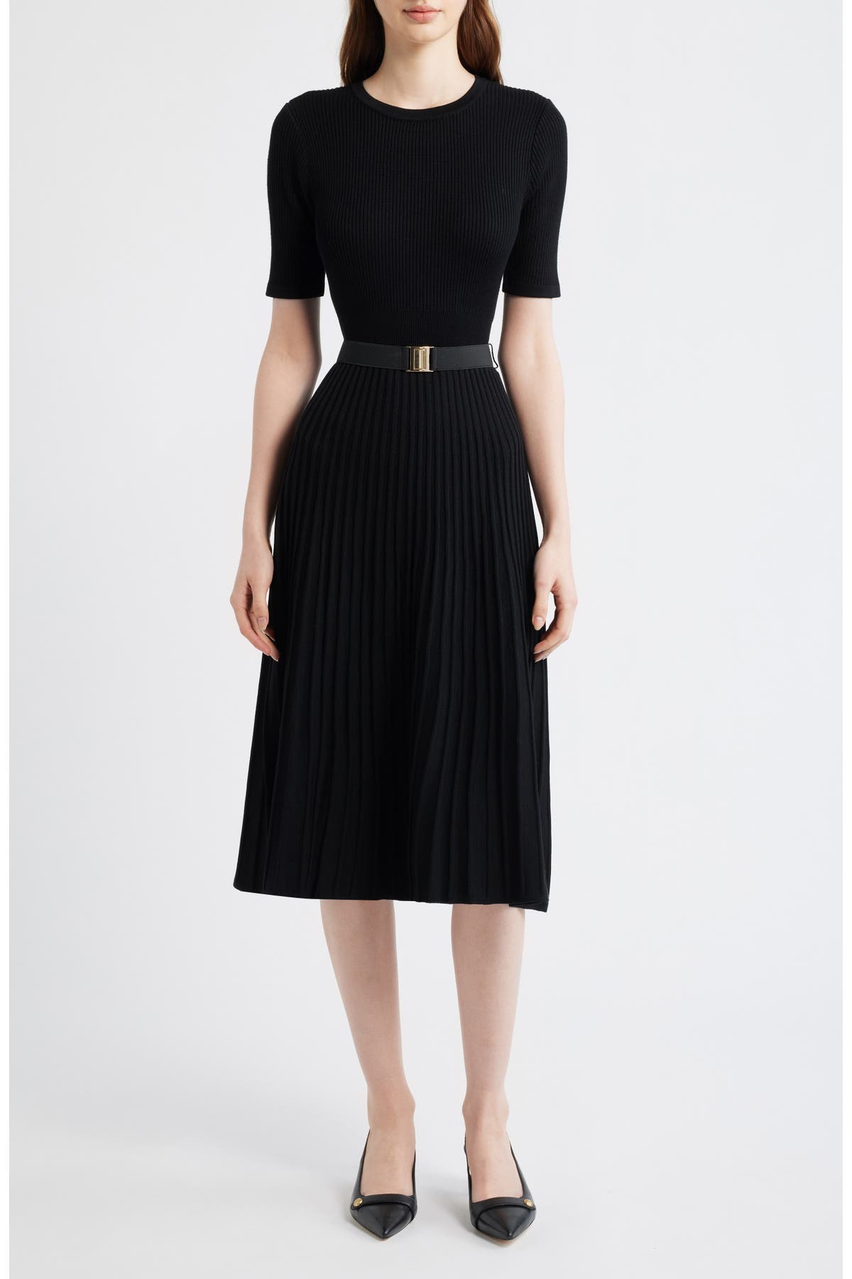 Eliza J belted fit and flare sweater dress with gold buckle