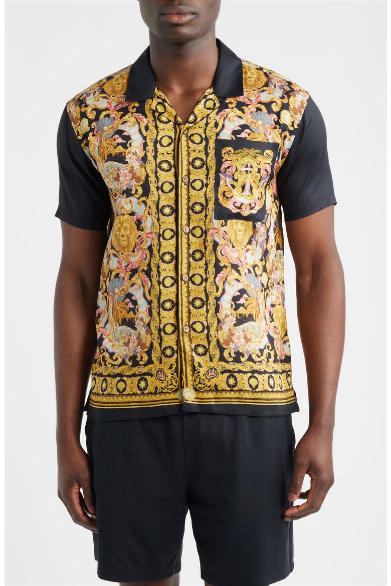 Baroque Print Camp Shirt, Main, color, BLACK