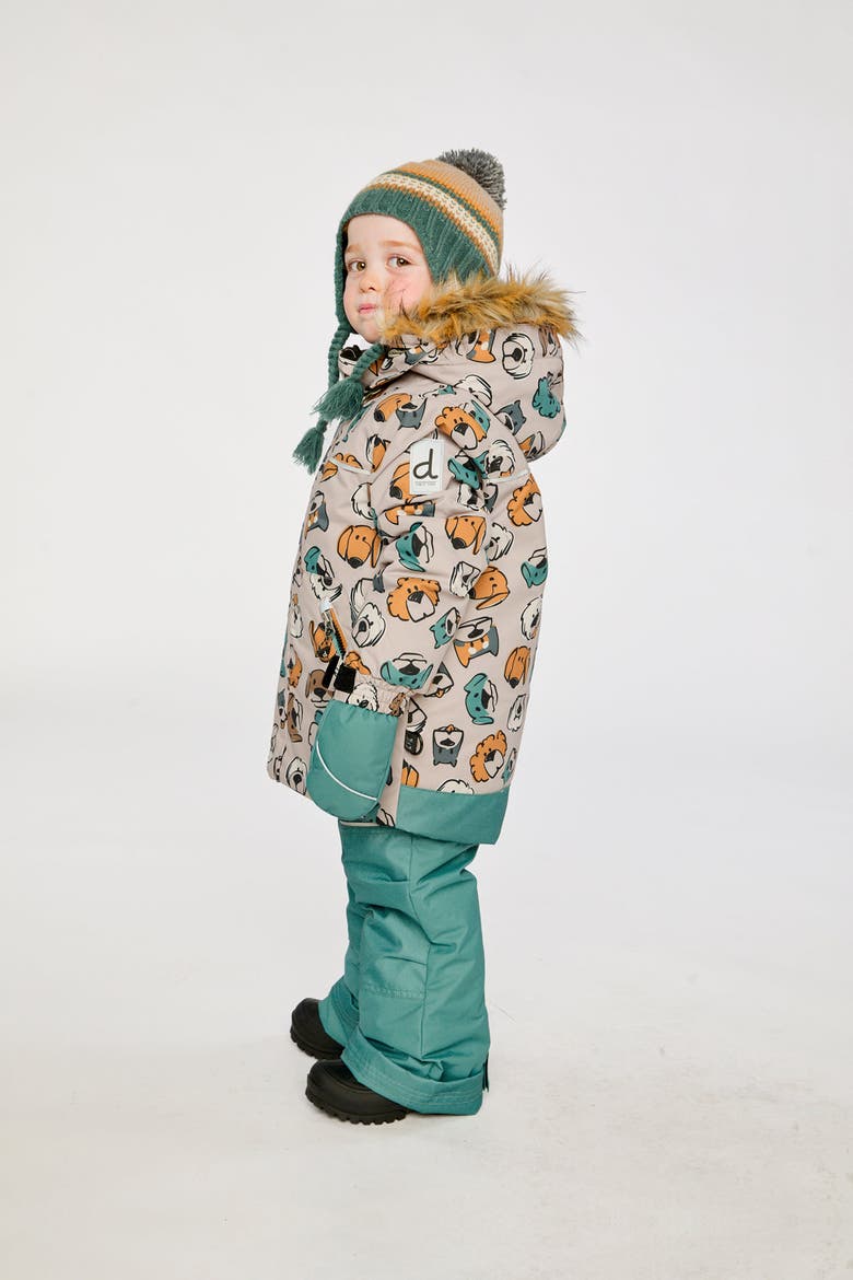 Discover Dog Fleece Jacket Snow Pants Two Piece Snowsuit, Alternate, color, Beige Printed with Dogs