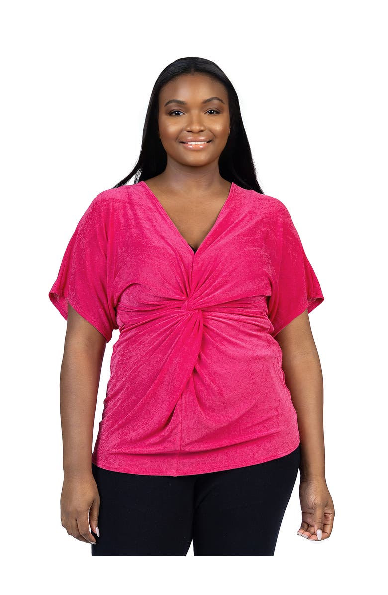 24seven Comfort Apparel Plus Size V Neck Knot Front Cap Sleeve Top, Main, color, Pink