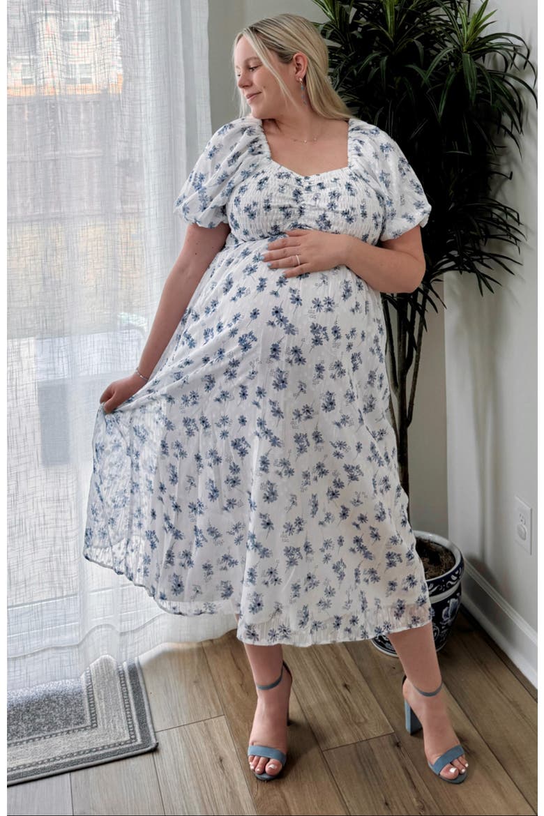 Floral Smocked Bodice Midi Dress, Alternate, color, Blue
