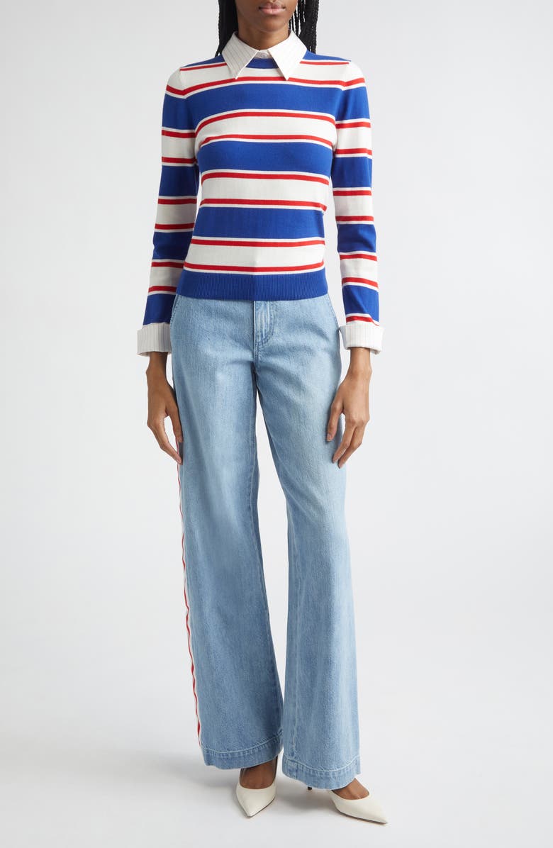 Alice + Olivia Porla Collared Stripe Cotton Blend Sweater, Alternate, color, Americana Stripe