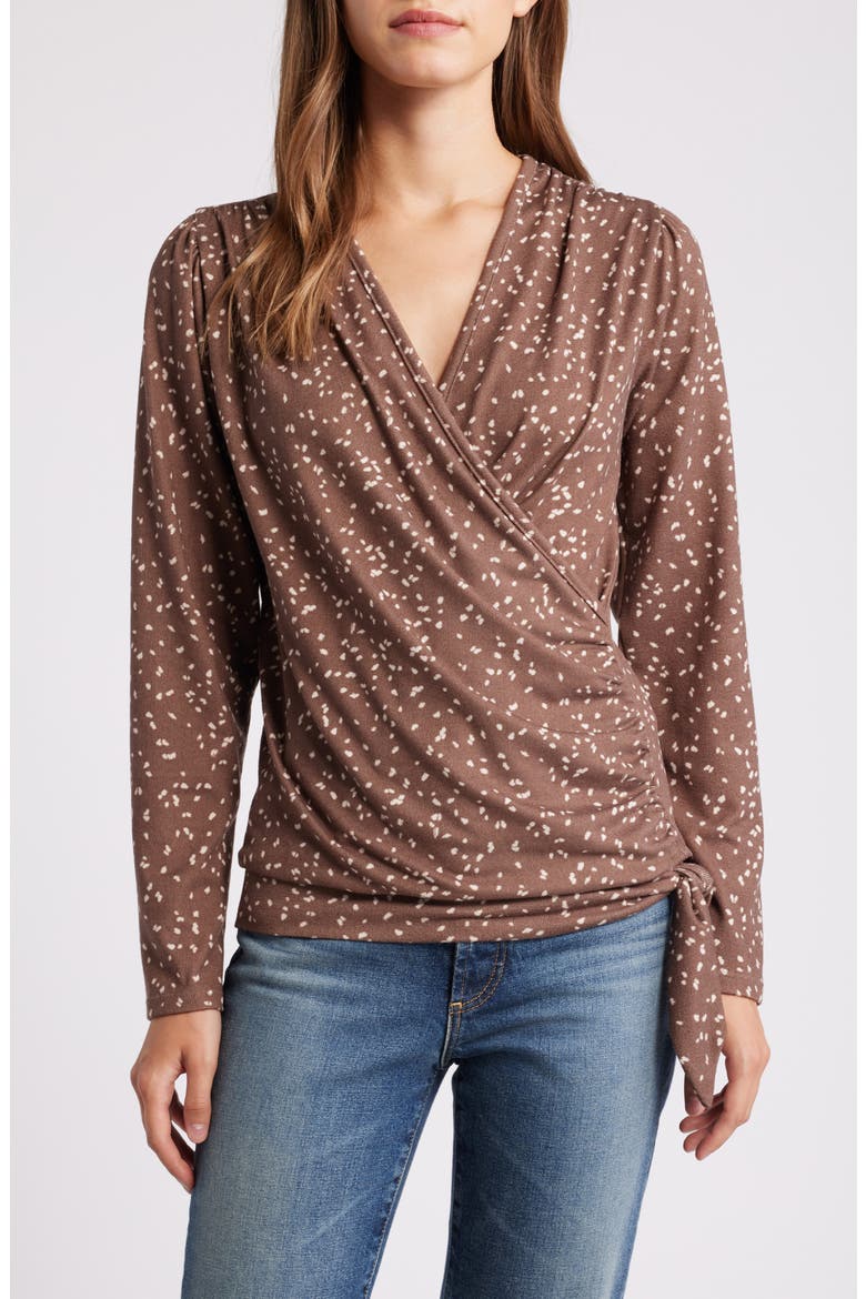 Dot Print Faux Tie Wrap Top, Main, color, TAUPE/ NAT