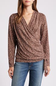 Loveappella Dot Print Faux Tie Wrap Top