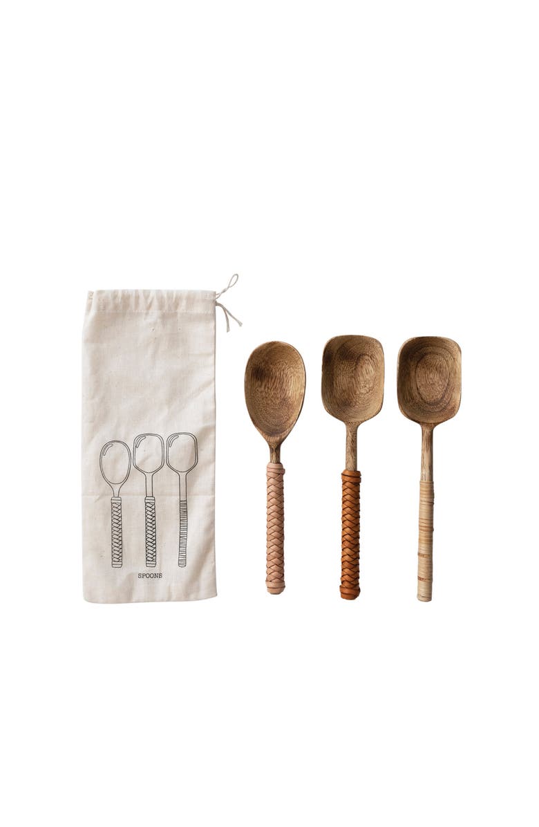 Storied Home Mango Wood Spoons with wood and Leather Wrapped Handles, Set of 3 in Printed Drawstring Bag, Main, color, Natural