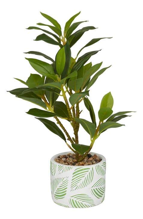 Green Faux Foliage Bay Laurel Artificial Plant with Leaf Patterned Pot