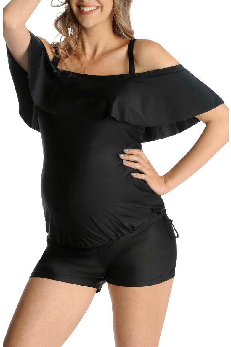 Ruffle Maternity Tankini Top, Main, color, BLACK