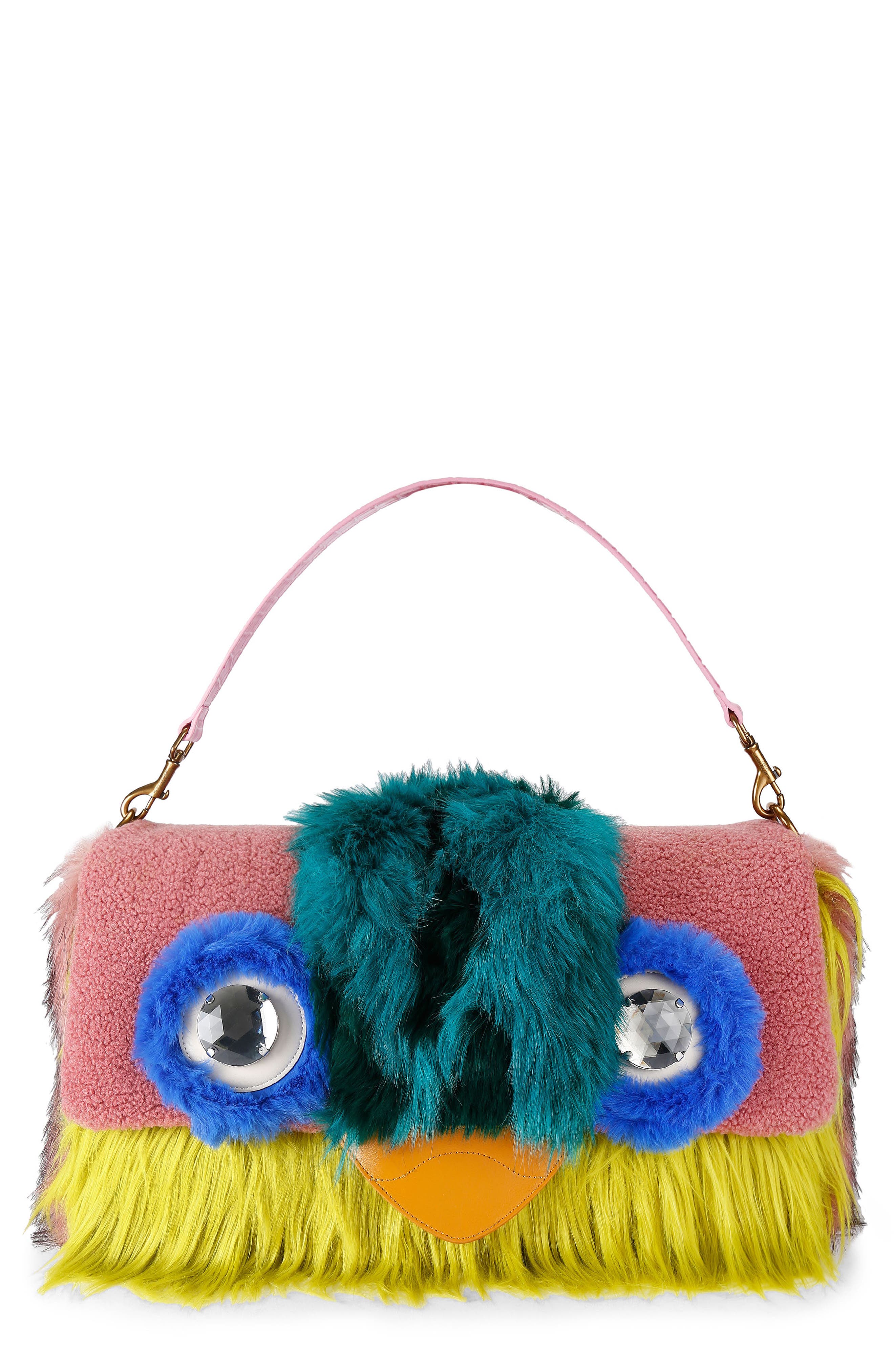 Macro Oxford Mascot Faux Fur and Leather Shoulder Bag, Main, color, PINK COMB