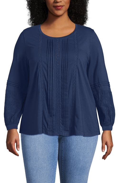 Lands' End Plus Size Lightweight Jersey Lace Mix Long Sleeve Pintuck Top In Blue