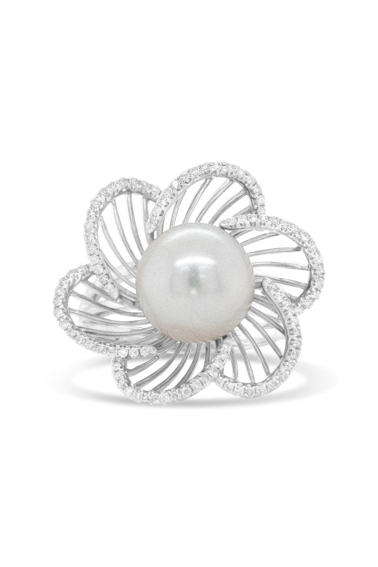 14K White Gold 11mm Pearl and 1/3 Cttw Diamond Openwork Flower Blossom Ring, Alternate, color, White