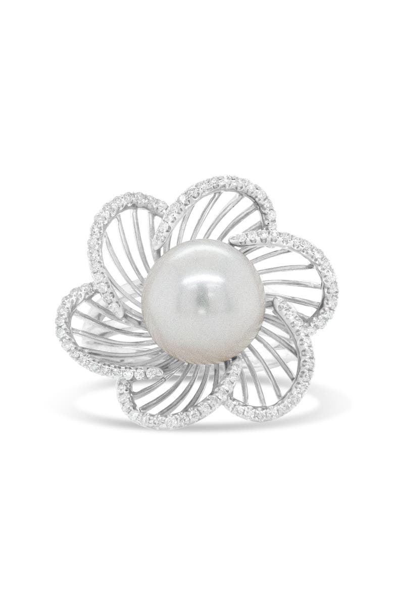Haus of Brilliance 14K White Gold 11mm Pearl and 1/3 Cttw Diamond Openwork Flower Blossom Ring, Alternate, color, White