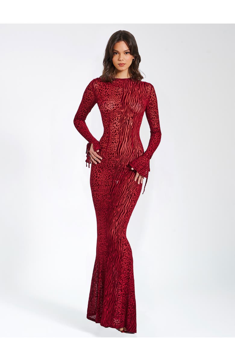 Miss Circle Waylynn Sheer Burnout Velvet Backless Evening Maxi Dress, Alternate, color, Burgundy