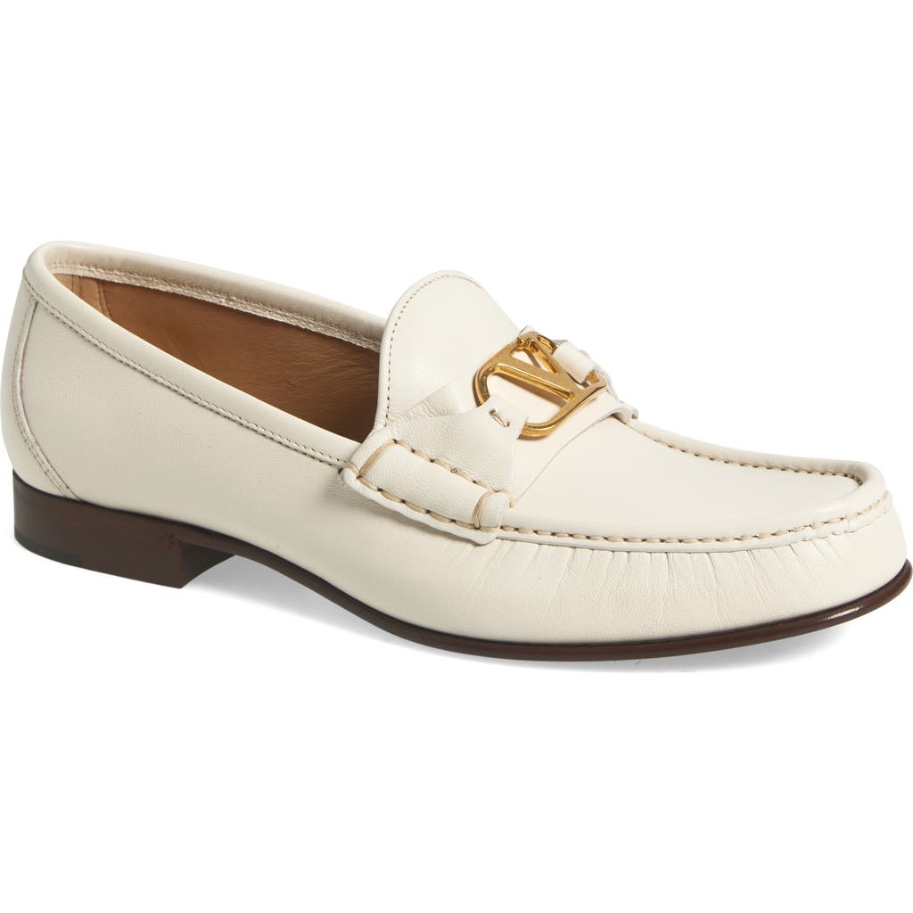 Valentino Ivory Leather Loafer With Golden Metal V Logo