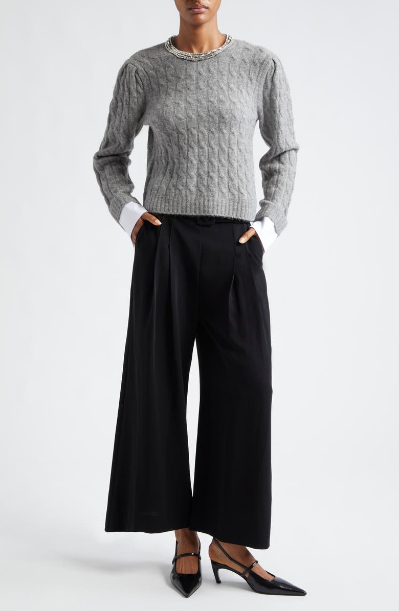 Cinq à Sept Rosario Embellished Collar Cable Stitch Sweater, Alternate, color, Light Heather Grey