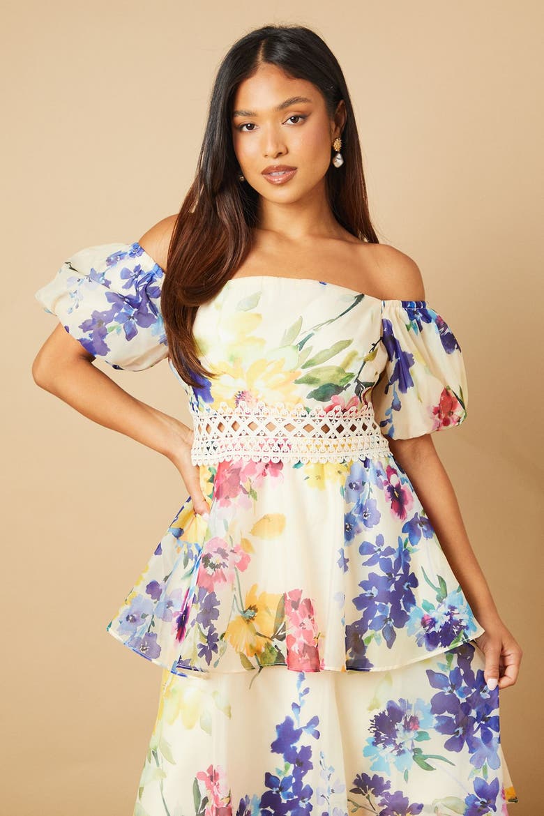 Petite Floral Bardot Midi Dress, Alternate, color, Multi