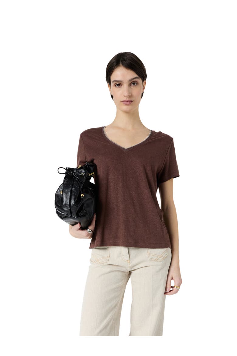 Mirana Linen V-Neck T-Shirt, Main, color, Brown