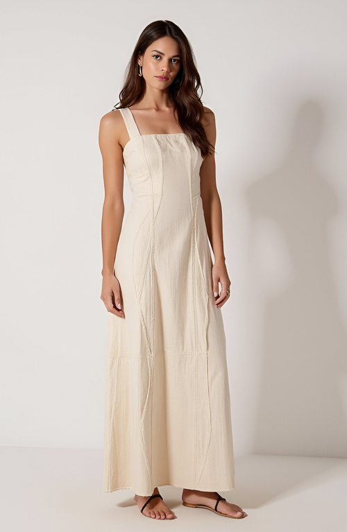 Modenaire Sleeveless Maxi Dress With Textured Trim And Flowing Silhouette In Neutral