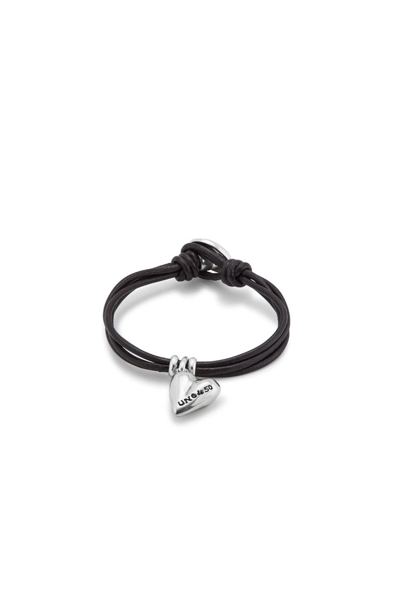 UNODE50 Leather bracelet with a sterling silver-plated heart charm, Main, color, Silver