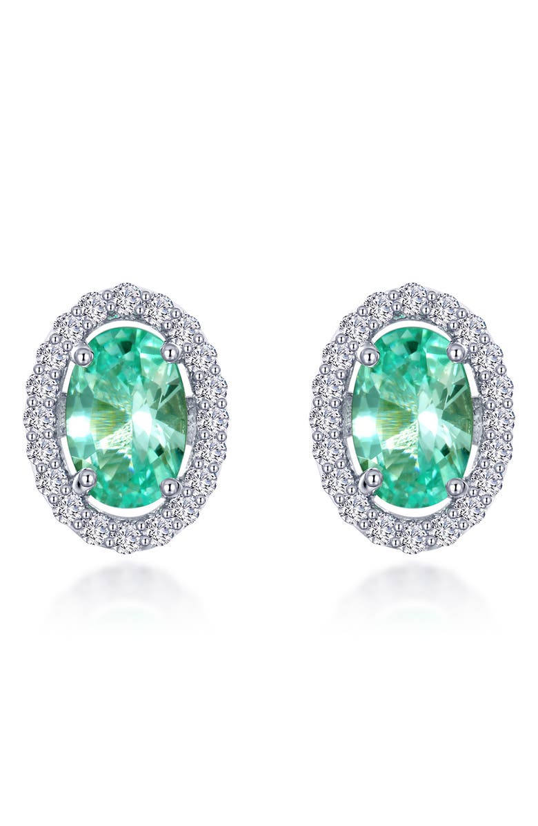 Lafonn Oval Lab Grown Green Sapphire & Simulated Diamond Halo Stud Earrings, Main, color, Green Sapphire/ White