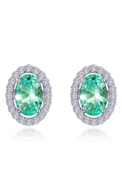 Oval Lab Grown Green Sapphire & Simulated Diamond Halo Stud Earrings